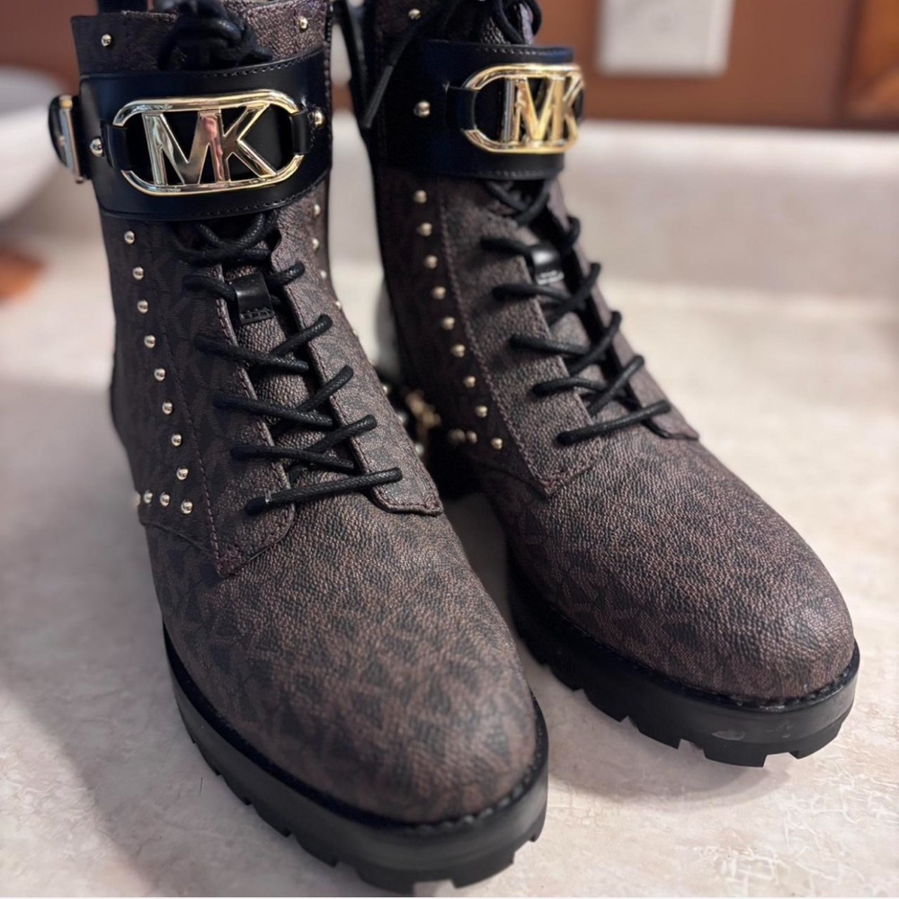 Michael Kors Black/Dark Brown Combat Boots with Gold and Stud Details